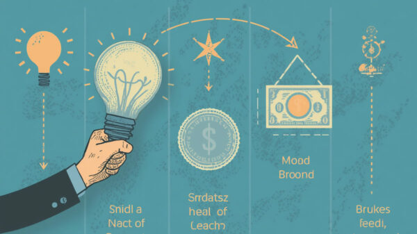 Notebook with a sketched roadmap from a lightbulb icon to a dollar sign icon, representing the journey from idea to income