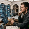 AI YouTube video production workflow showing script, voiceover, visuals, and editing stages connected in sequence