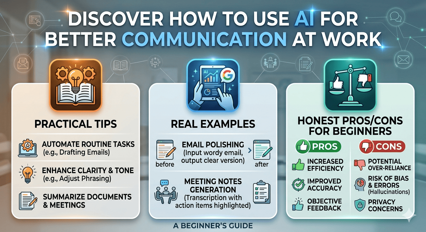 Discover how to use AI for better communication at work. Practical tips, real examples, and honest pros/cons for beginners.