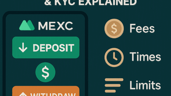 MEXC deposit and withdrawal dashboard showing the wallet interface with network selection and fee details