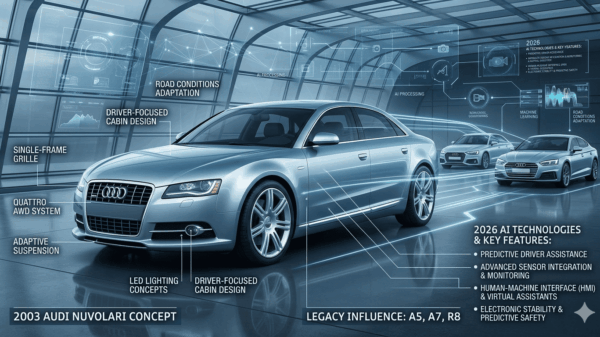 Sleek silver Audi Nuvolari 2026 hybrid supercar showing aggressive front grille and aerodynamic carbon fiber body design