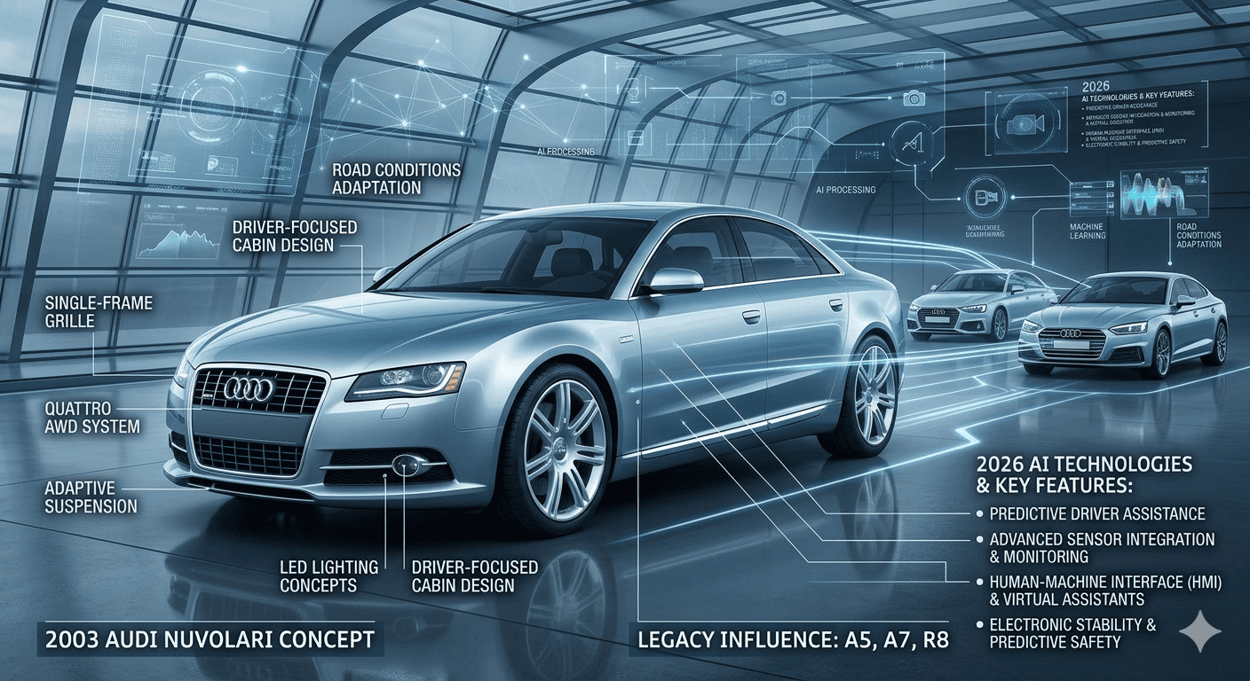 Sleek silver Audi Nuvolari 2026 hybrid supercar showing aggressive front grille and aerodynamic carbon fiber body design