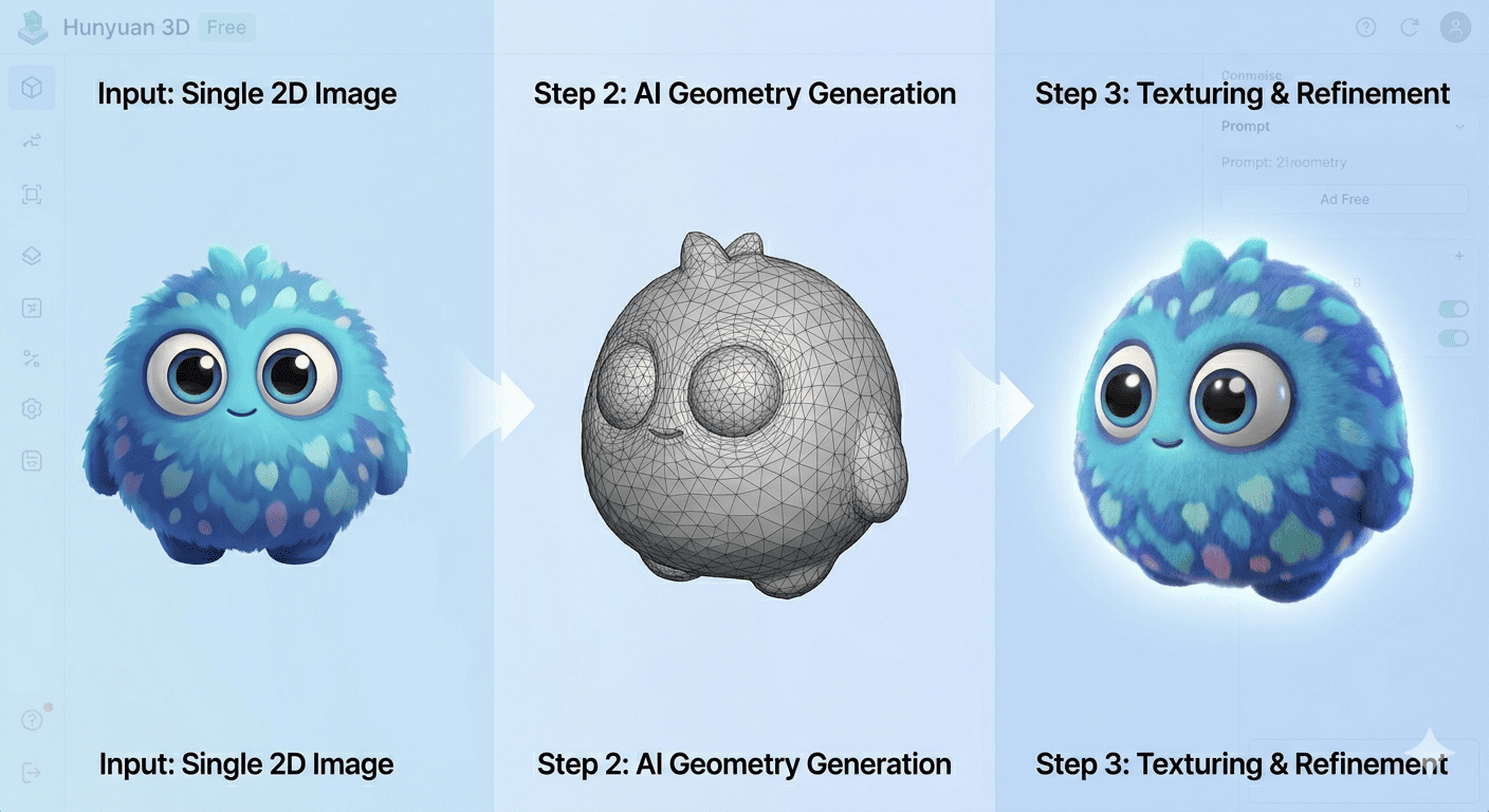 Hunyuan 3D free AI 3D model generator interface showing image-to-3D conversion of a product photo into a textured GLB model