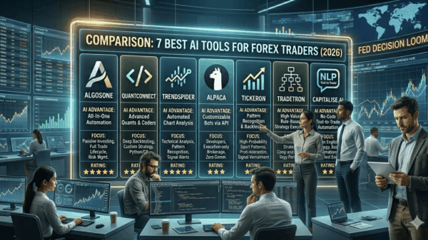 Grid of seven tool logos — TradingView, TrendSpider, MetaTrader, Capitalise.ai, TradeAlgo, Tickeron, QuantConnect — each with a category label below: Charting, AI Analysis, Execution, No-Code, Macro Signals, Pattern Recognition, Quant Development.