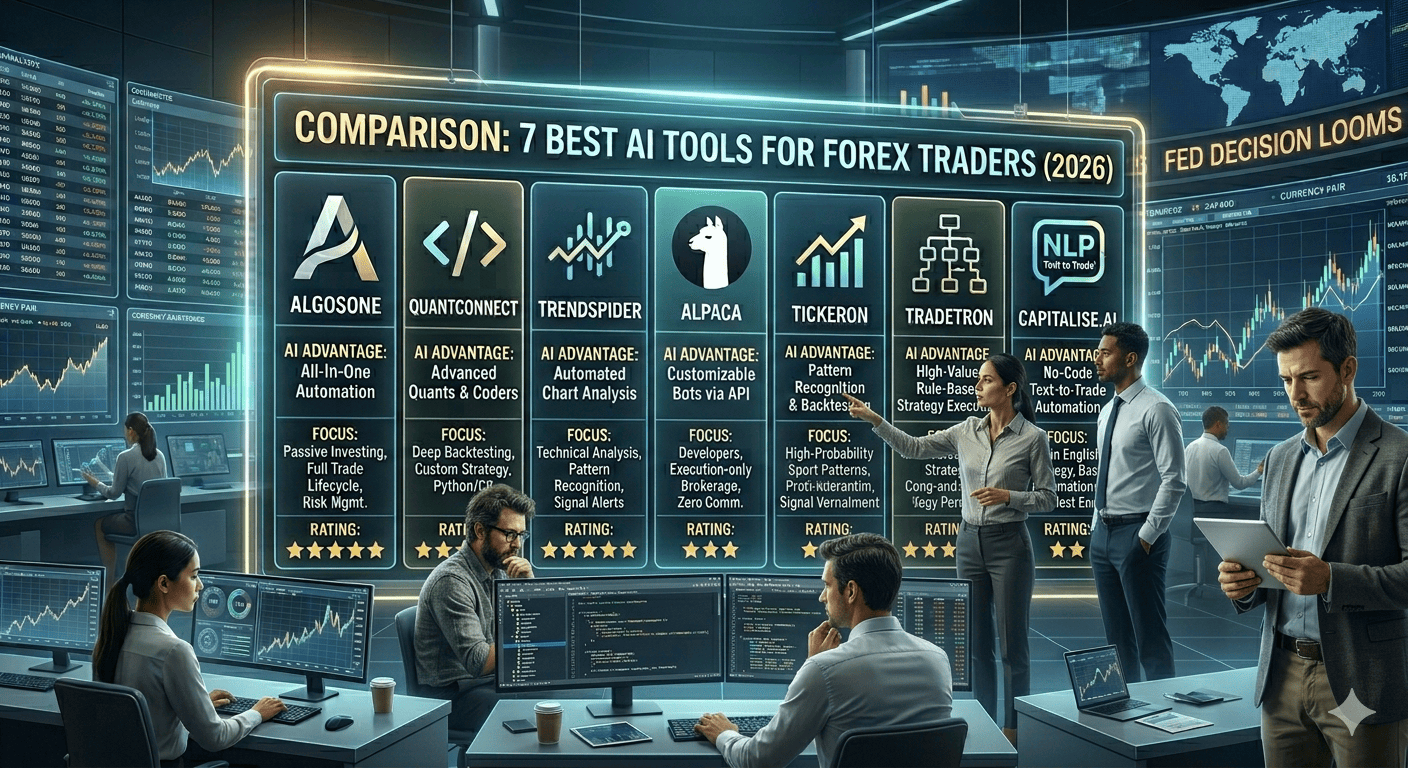 Grid of seven tool logos — TradingView, TrendSpider, MetaTrader, Capitalise.ai, TradeAlgo, Tickeron, QuantConnect — each with a category label below: Charting, AI Analysis, Execution, No-Code, Macro Signals, Pattern Recognition, Quant Development.