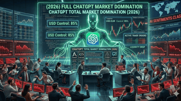 Trader using ChatGPT on a laptop next to a forex trading chart showing EUR/USD technical analysis