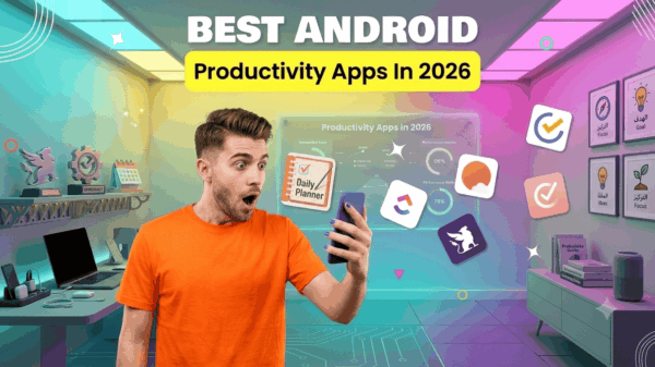 Collage of 6 free Android productivity app icons including Todoist, Google Keep, and Forest on a smartphone home screen in 2026