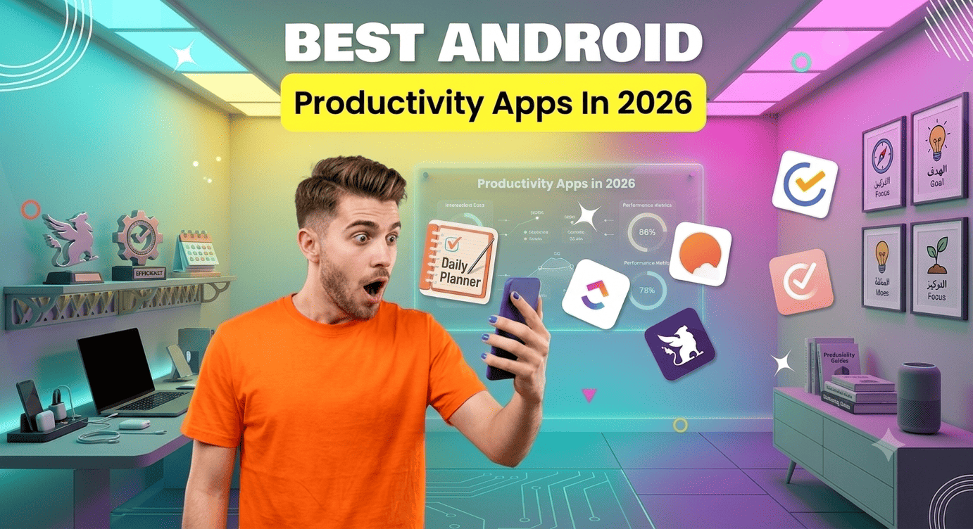 Collage of 6 free Android productivity app icons including Todoist, Google Keep, and Forest on a smartphone home screen in 2026