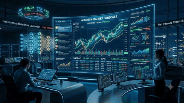 Line chart showing the S&P 500 with two overlaid prediction lines — one labeled "AI Forecast" veering wildly off-course, the other labeled "Actual" — with a gap between them labeled "The Prediction Gap