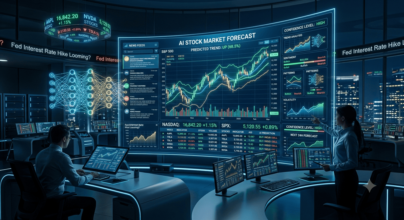 Line chart showing the S&P 500 with two overlaid prediction lines — one labeled "AI Forecast" veering wildly off-course, the other labeled "Actual" — with a gap between them labeled "The Prediction Gap