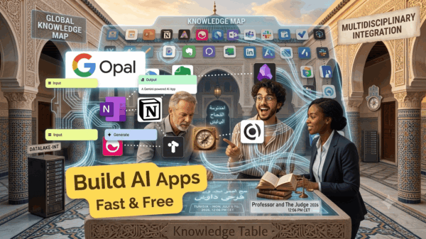 Google Opal AI workflow editor interface showing connected blocks for a YouTube summarizer mini-app