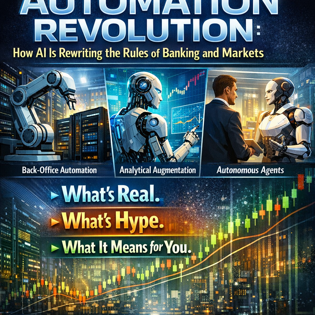 AI is changing banking and markets at three levels — back-office automation, analytical augmentation, and autonomous agents. Here's what's real, what's hype, and what it means for you.