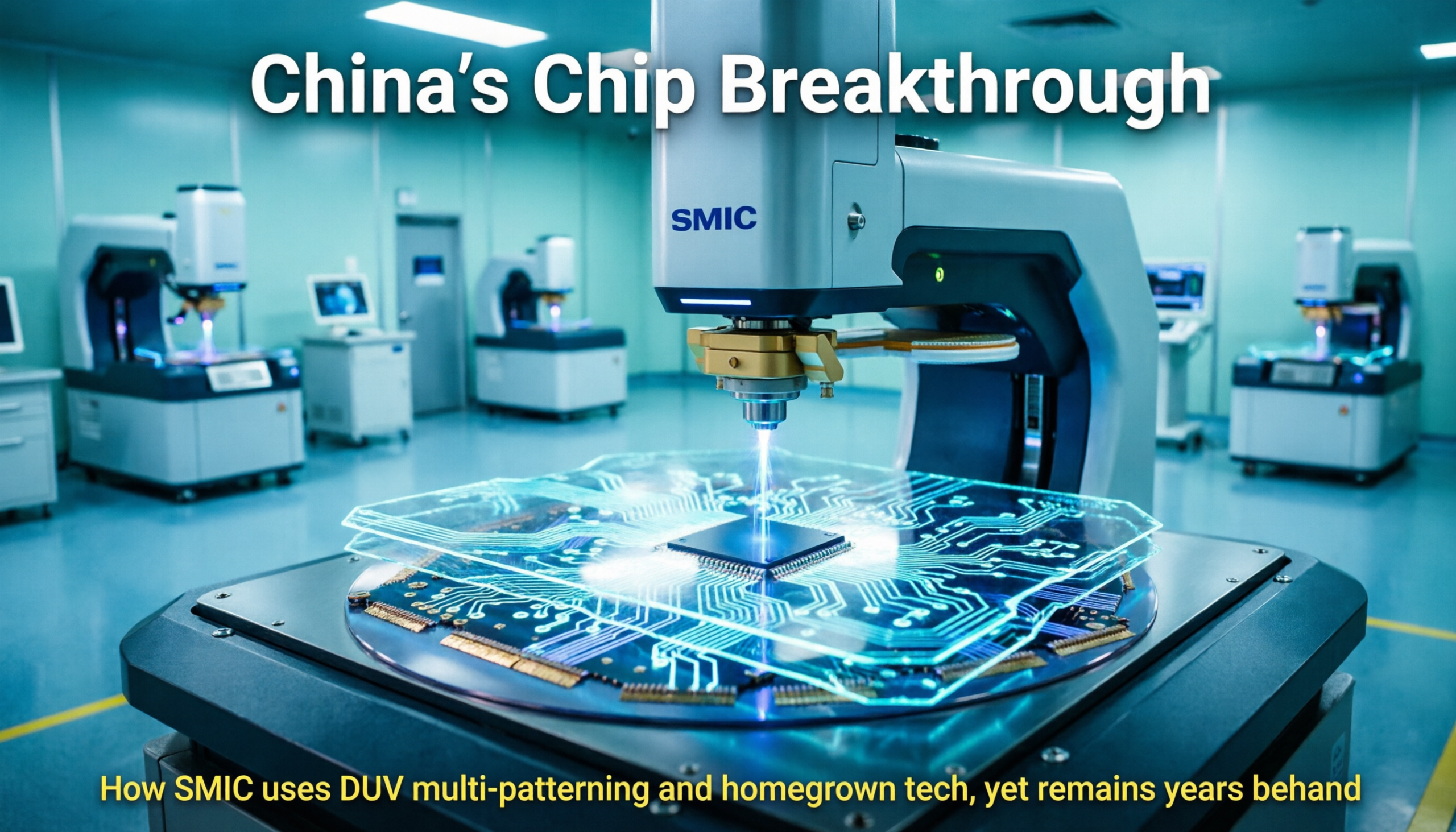 China makes 7nm and 5nm-class chips without EUV machines. How SMIC uses DUV multi-patterning, homegrown lithography, and why it's still years behind.